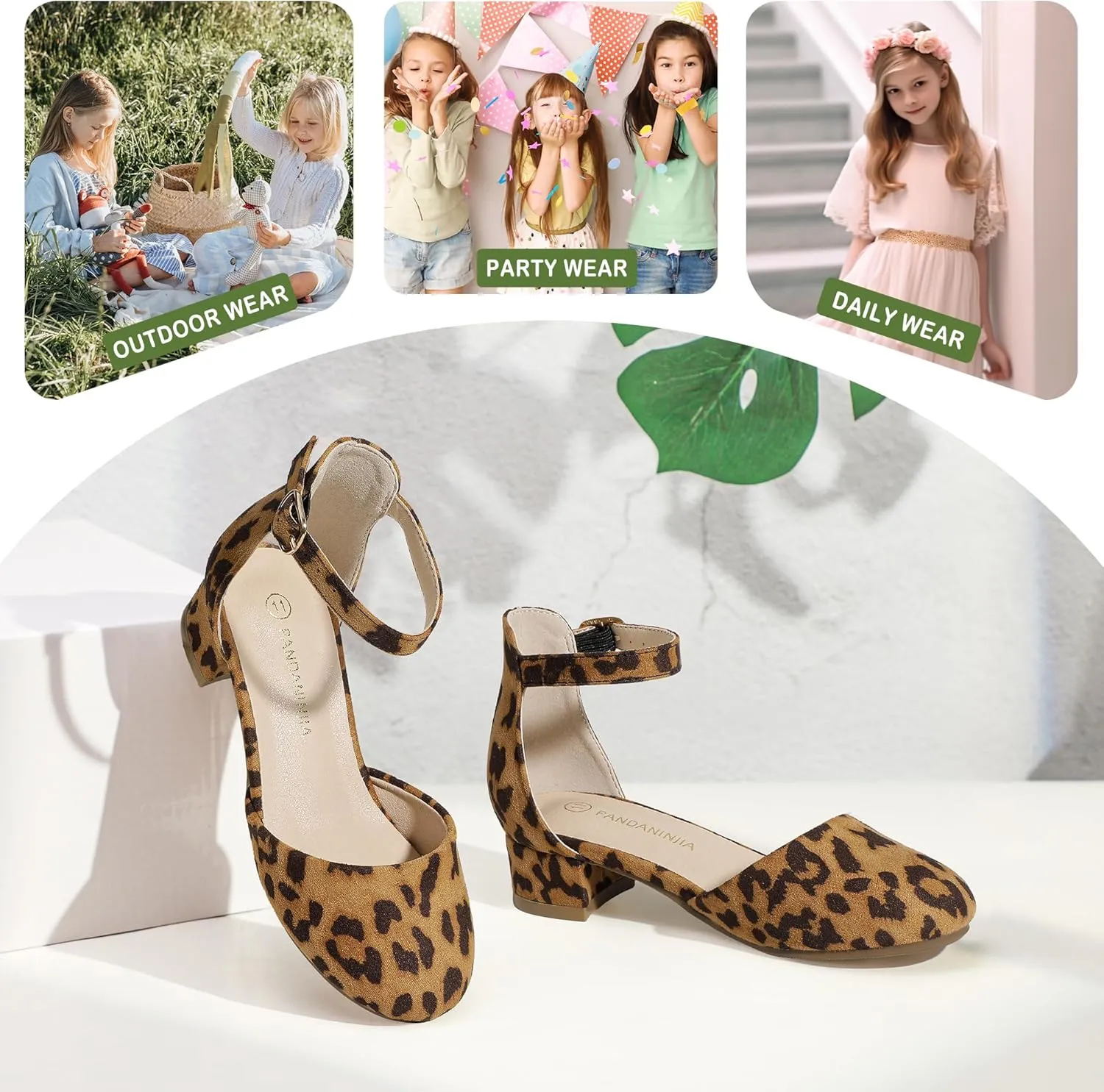 PANDANINJIA Girls Heels Dress Shoes Flower Girl Closed Toe Heels Ankle Strap Wedding Party School Miya Toddler Little Big Kid Pump Shoes