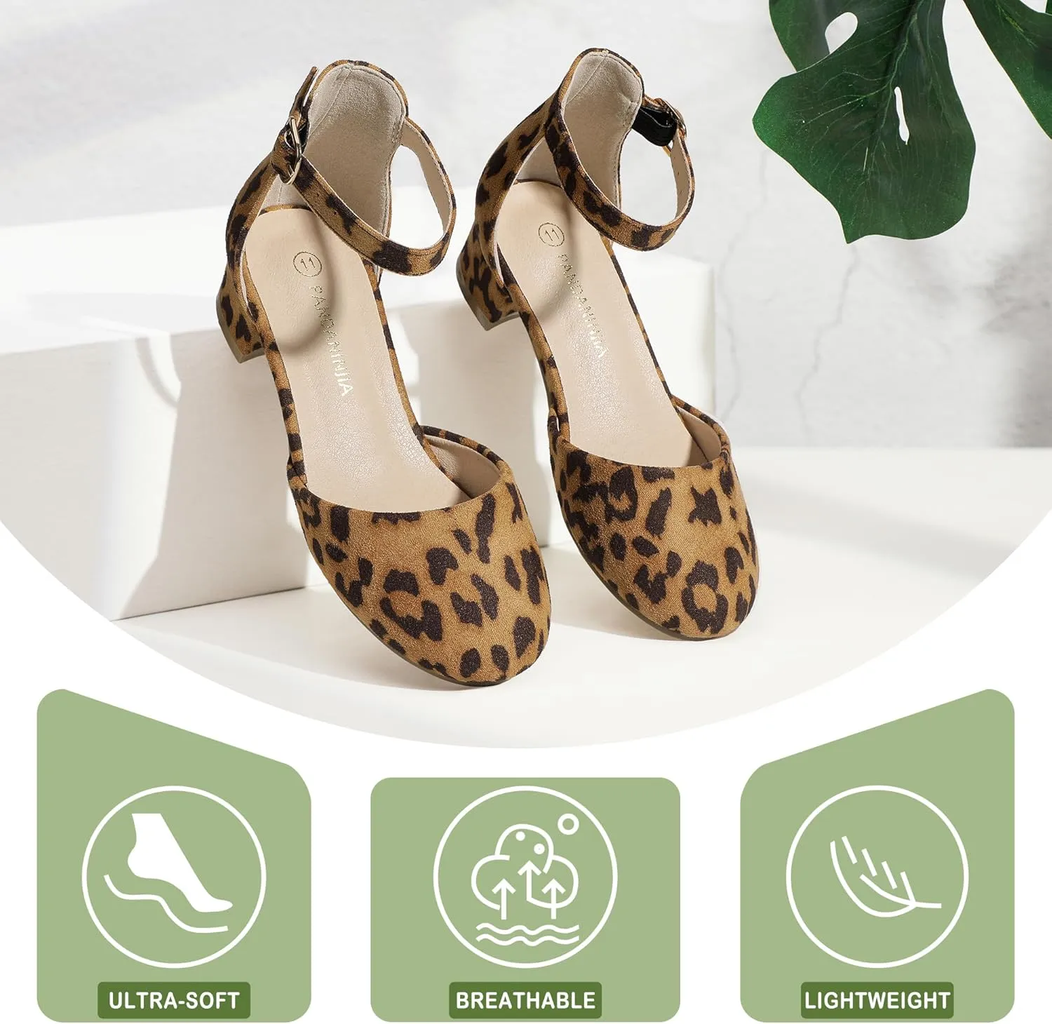 PANDANINJIA Girls Heels Dress Shoes Flower Girl Closed Toe Heels Ankle Strap Wedding Party School Miya Toddler Little Big Kid Pump Shoes