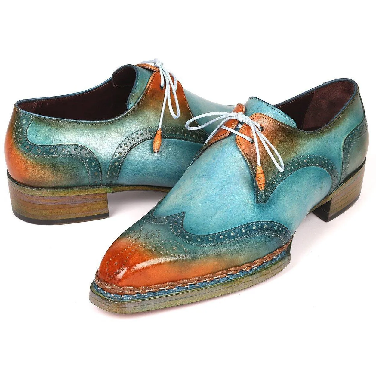Paul Parkman Men's Handmade Shoes Turquoise & Tobacco Calf-Skin Leather Norwegian Welted Derby 8506-TRQ (PM6215)
