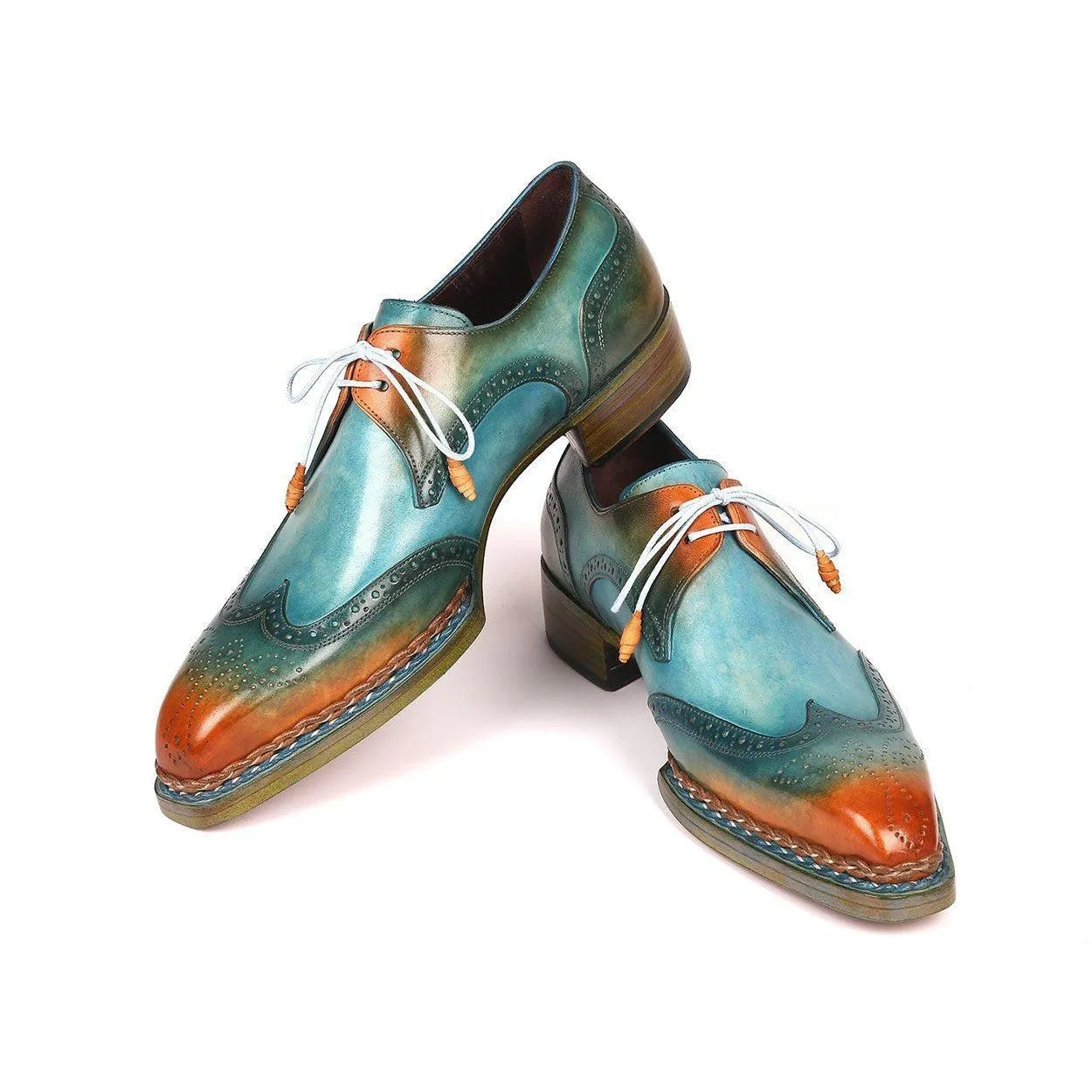 Paul Parkman Men's Handmade Shoes Turquoise & Tobacco Calf-Skin Leather Norwegian Welted Derby 8506-TRQ (PM6215)