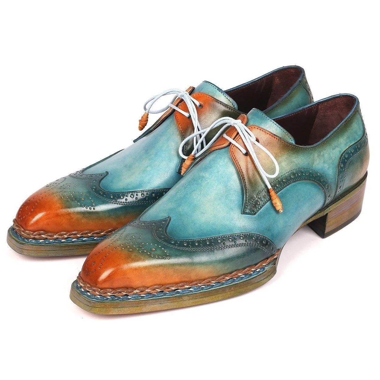 Paul Parkman Men's Handmade Shoes Turquoise & Tobacco Calf-Skin Leather Norwegian Welted Derby 8506-TRQ (PM6215)
