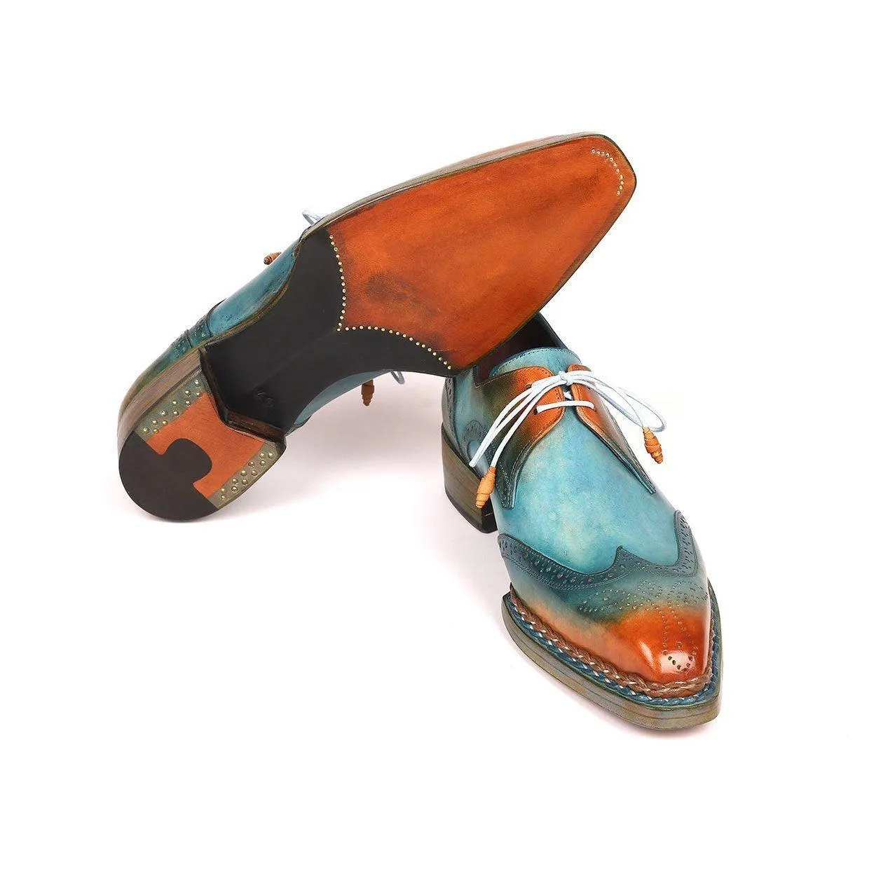 Paul Parkman Men's Handmade Shoes Turquoise & Tobacco Calf-Skin Leather Norwegian Welted Derby 8506-TRQ (PM6215)