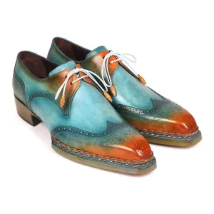 Paul Parkman Men's Handmade Shoes Turquoise & Tobacco Calf-Skin Leather Norwegian Welted Derby 8506-TRQ (PM6215)