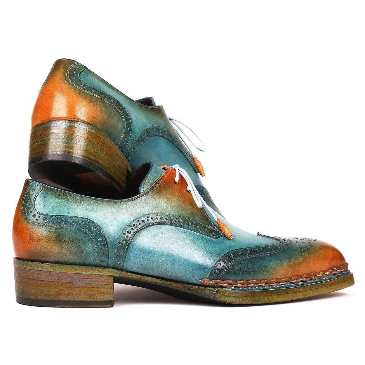 Paul Parkman Men's Handmade Shoes Turquoise & Tobacco Calf-Skin Leather Norwegian Welted Derby 8506-TRQ (PM6215)