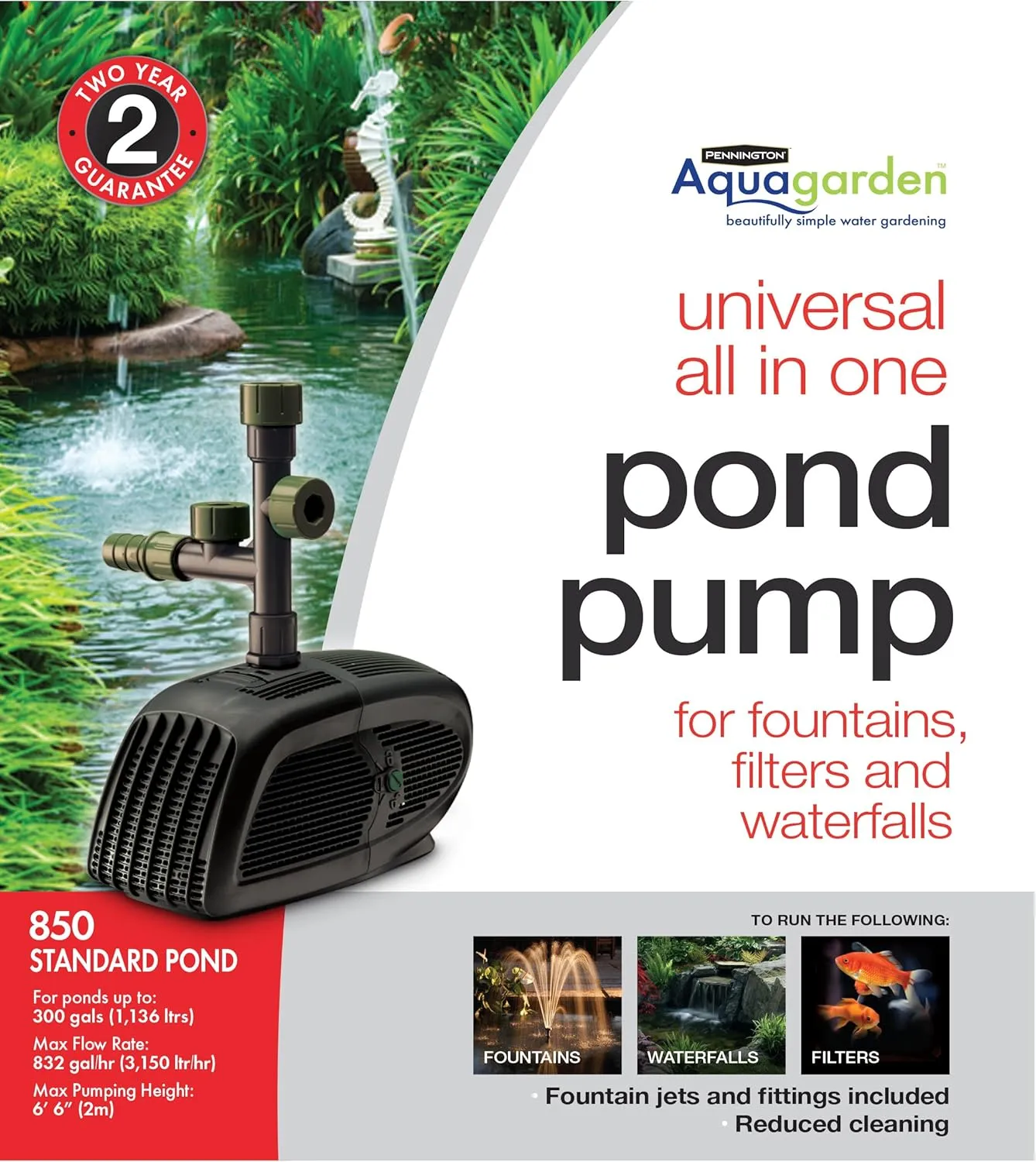 Pennington Aquagarden , Universal 850 All in One Submersible Pond & Water Pump, Suitable for Fountains, Filters, Waterfalls, Hydroponics & Aquaponics , For Ponds up to 300 Gallons, 850- standard pond