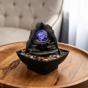 Pure Garden Tabletop Water Fountain- Rock Formation Waterfall with Rolling Glass Ball, Multi-Colored LED Lights, Electric Pump & Soothing Sounds