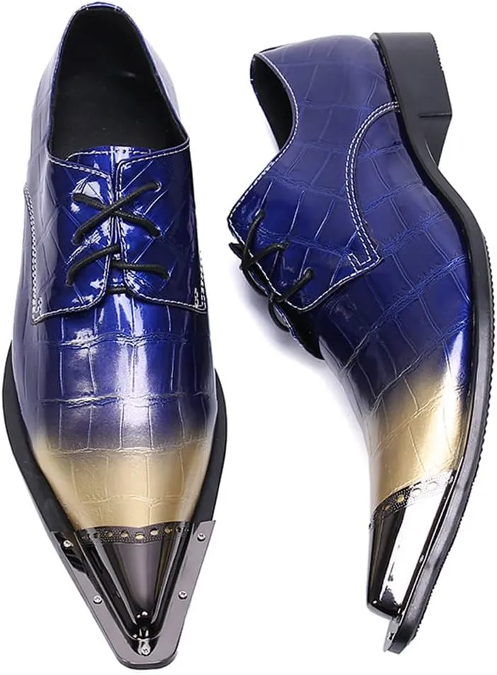 Santimon Mens Casual Dress Metal Pointed Tip Casual Genuine Leather Formal Lace-up Party Oxford Shoes