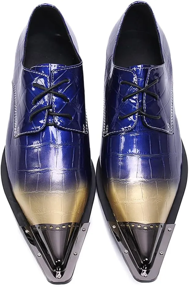 Santimon Mens Casual Dress Metal Pointed Tip Casual Genuine Leather Formal Lace-up Party Oxford Shoes