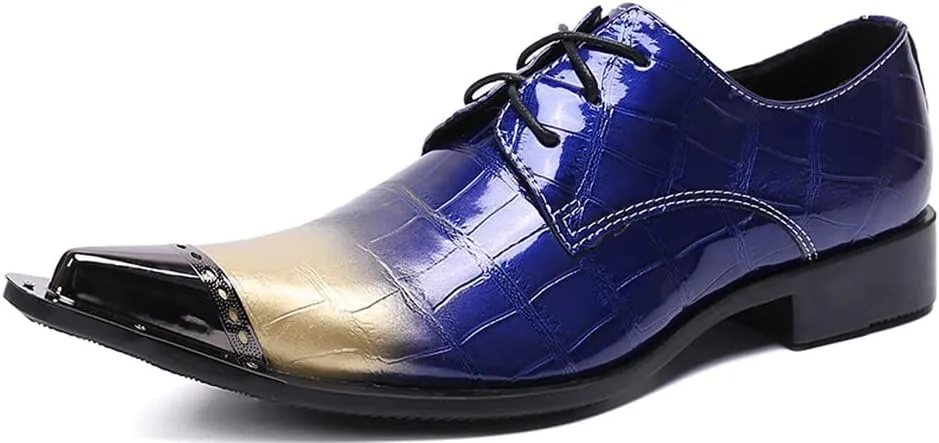Santimon Mens Casual Dress Metal Pointed Tip Casual Genuine Leather Formal Lace-up Party Oxford Shoes
