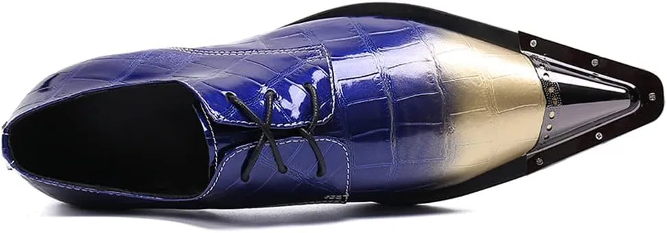 Santimon Mens Casual Dress Metal Pointed Tip Casual Genuine Leather Formal Lace-up Party Oxford Shoes
