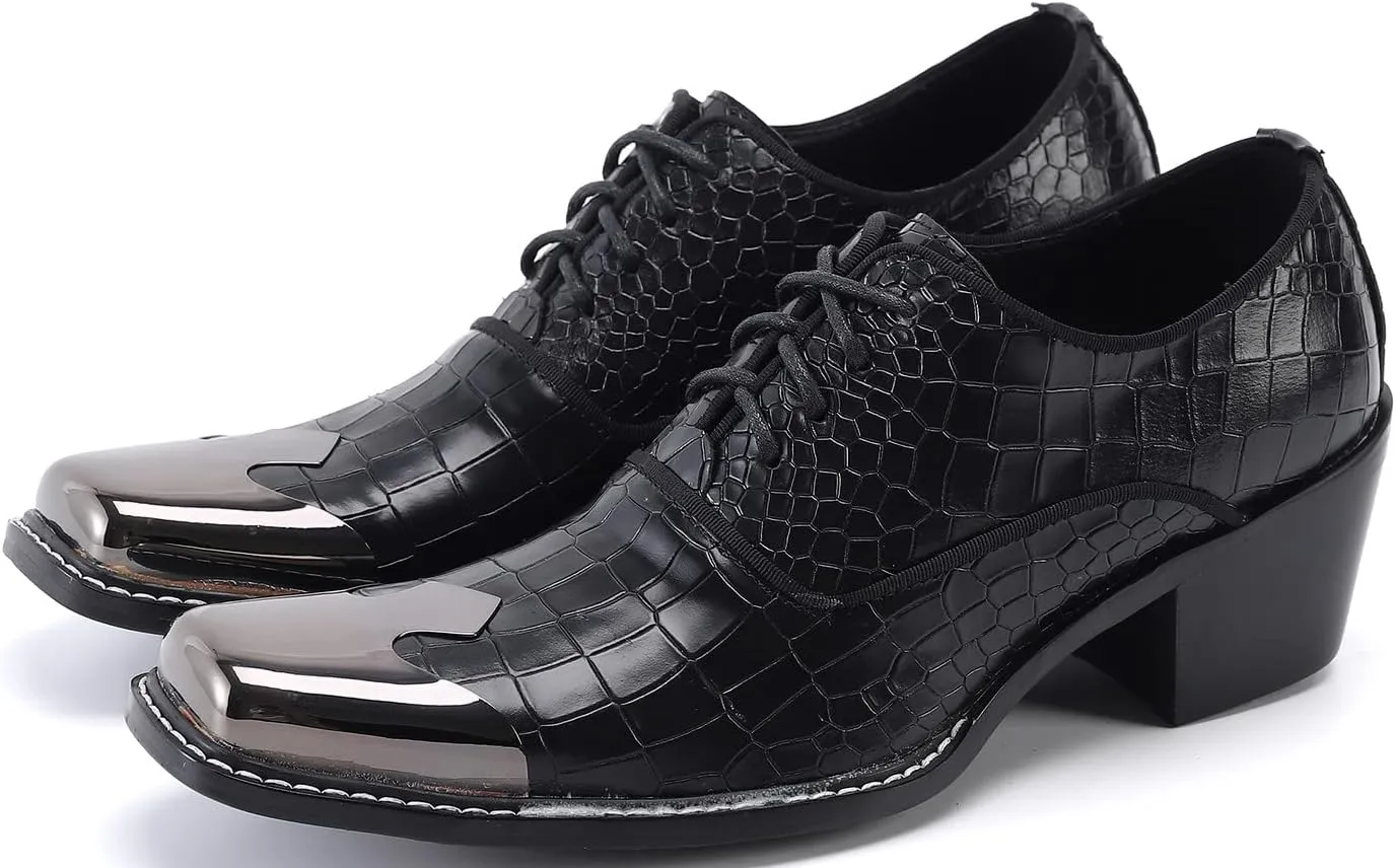 Santimon Men's Dress Oxford Snake Print Patent Metal Toe Two Tone Formal Shoes