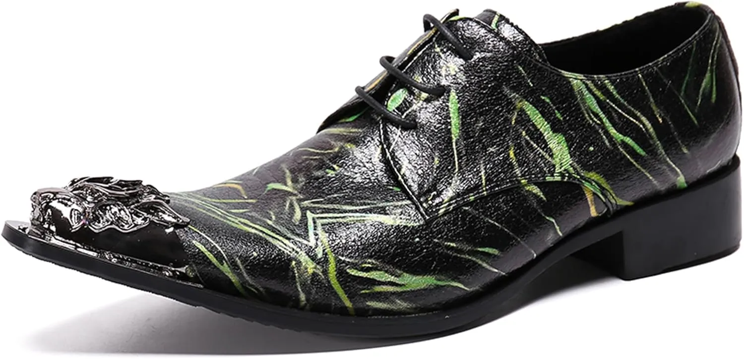 Santimon Mens Western Pointed Toe Leather Lace Up Dress Shoes Fashion Casual Metal Tip Oxford
