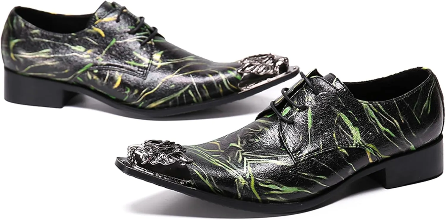 Santimon Mens Western Pointed Toe Leather Lace Up Dress Shoes Fashion Casual Metal Tip Oxford