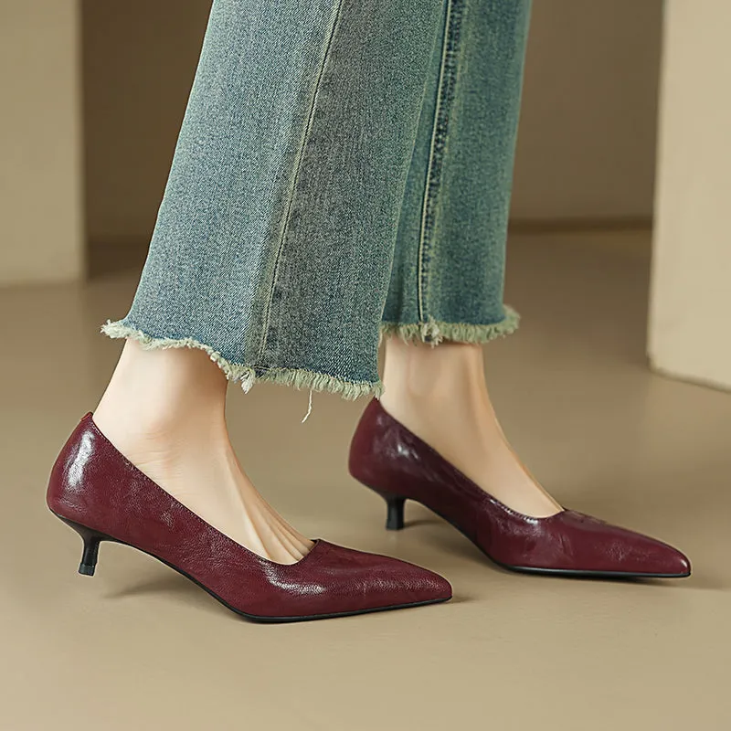 Sheepskin Kitten Heel Low Pointed Toe Pumps Women's Shoes