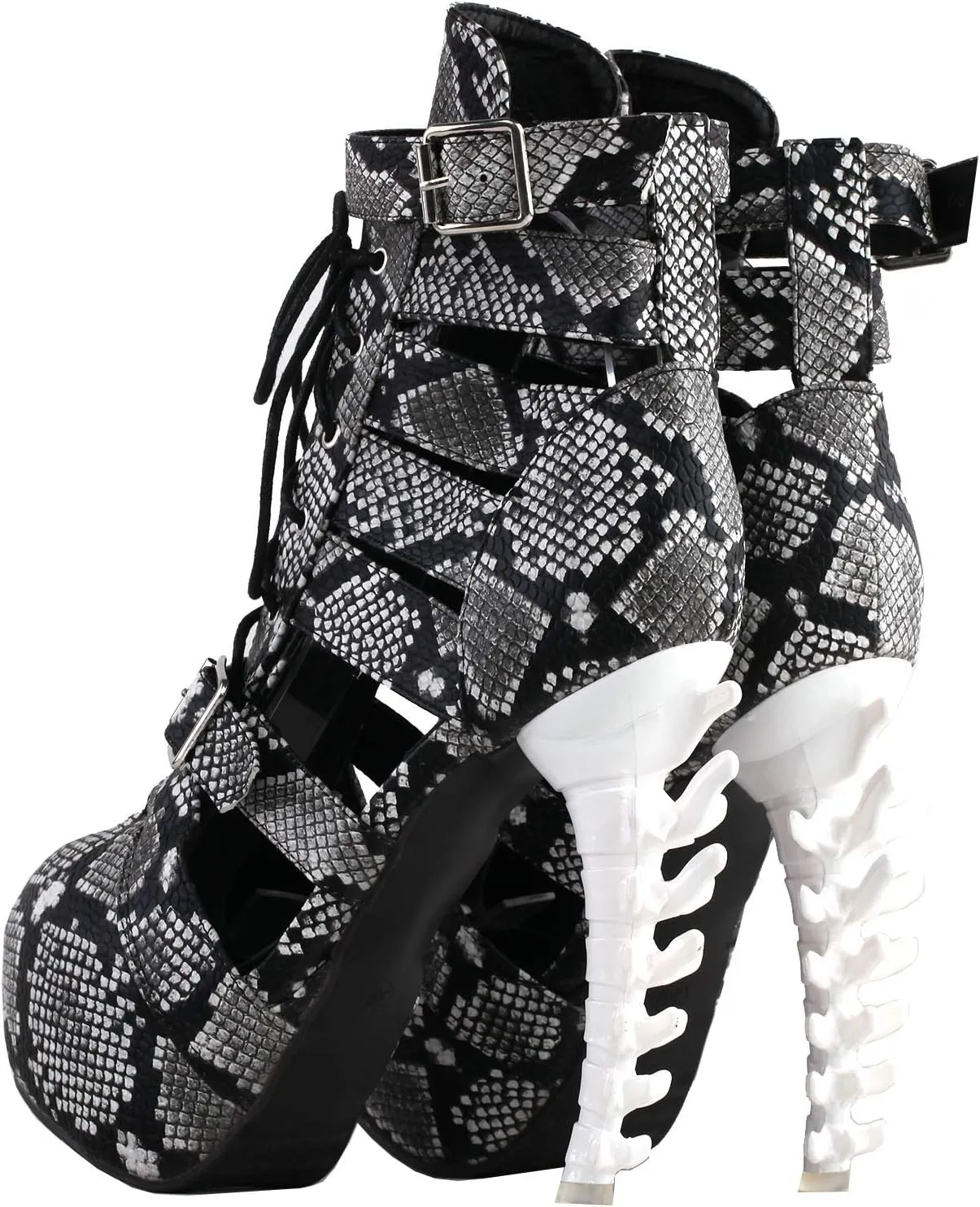 SHOW STORY Punk Snake Skin Print Lace-Up Gladiator Hidden Platform Bone Heels Ankle Bootie,LF80699