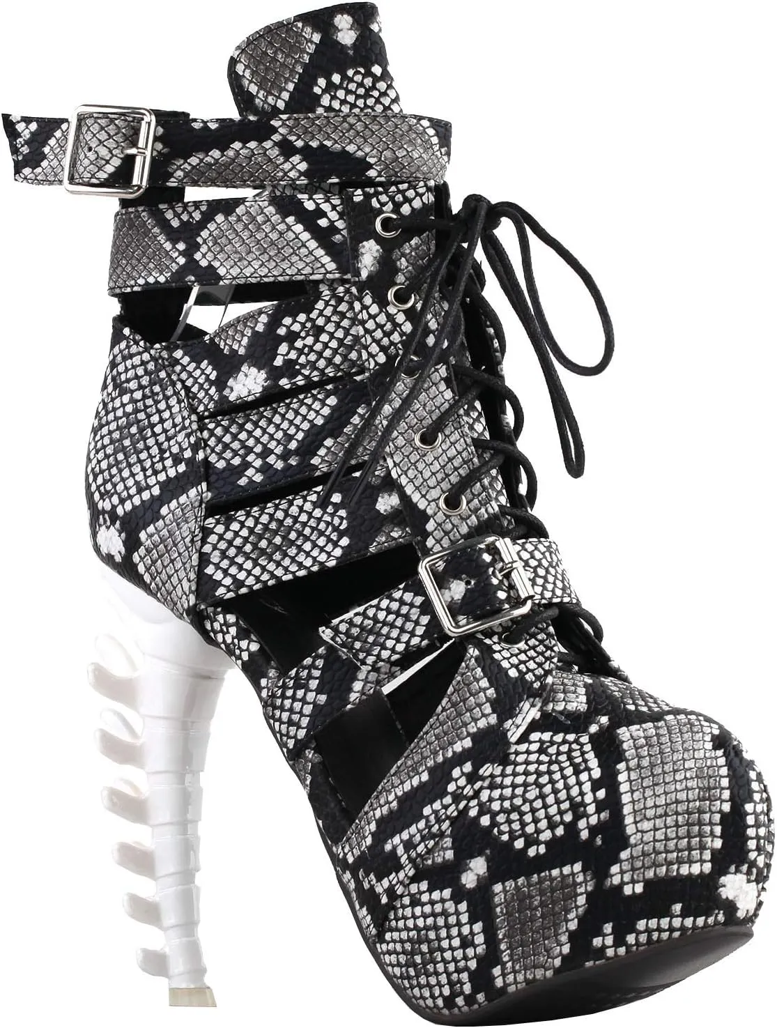 SHOW STORY Punk Snake Skin Print Lace-Up Gladiator Hidden Platform Bone Heels Ankle Bootie,LF80699