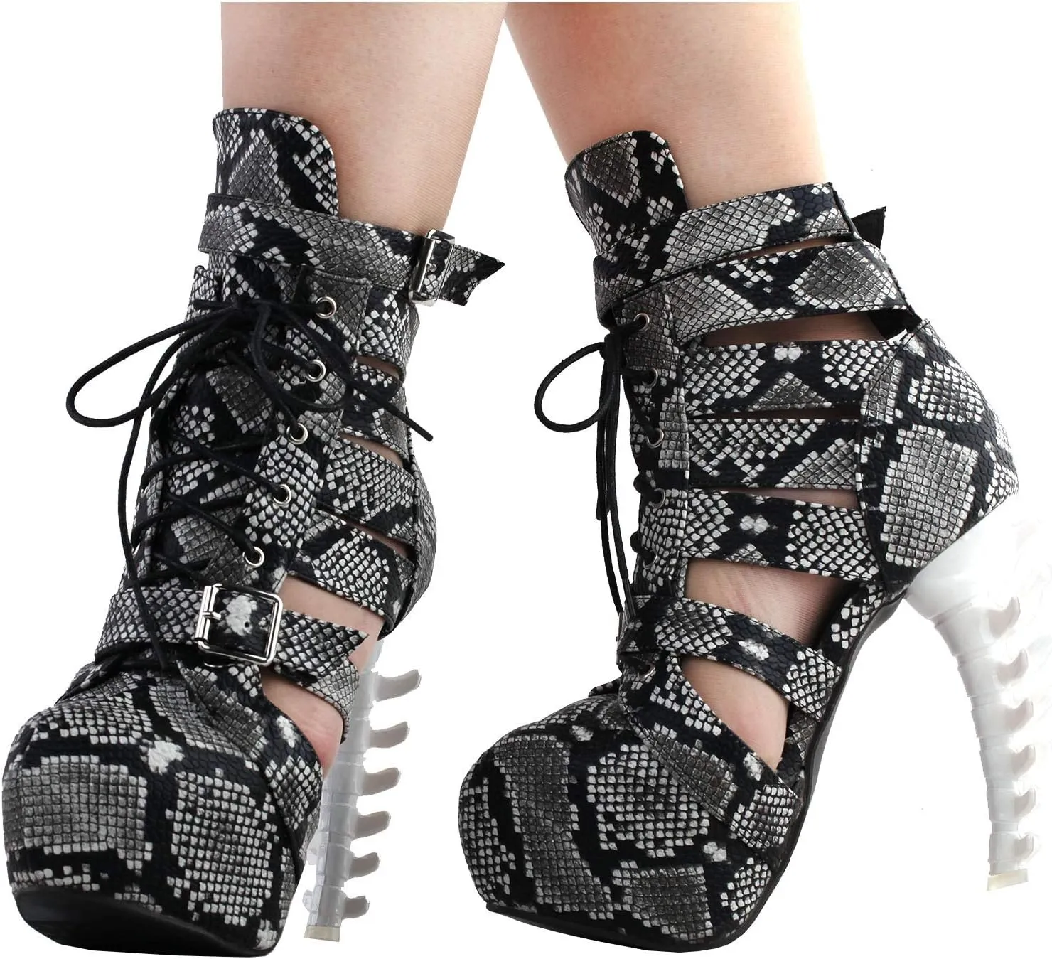 SHOW STORY Punk Snake Skin Print Lace-Up Gladiator Hidden Platform Bone Heels Ankle Bootie,LF80699
