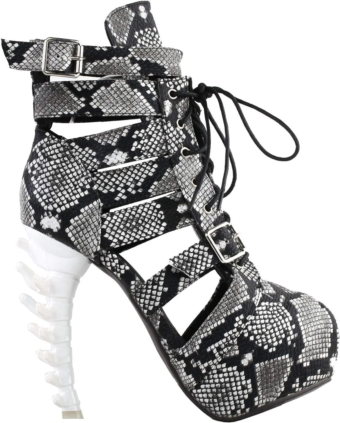 SHOW STORY Punk Snake Skin Print Lace-Up Gladiator Hidden Platform Bone Heels Ankle Bootie,LF80699