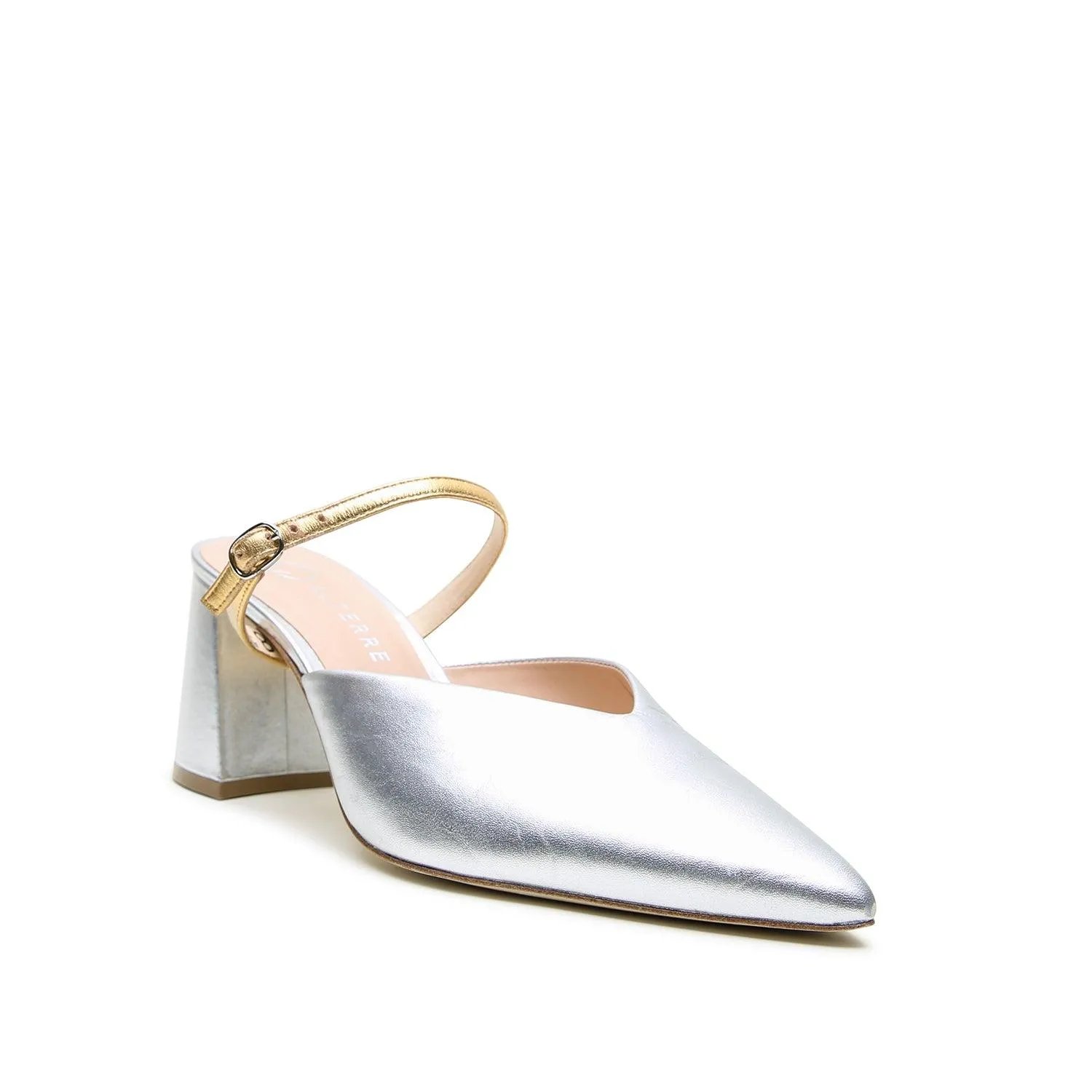 Silver V Mule   Gold Twiggy Strap