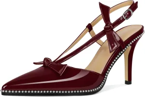 Soireelady Women Slingback Heels Bow High Heel Stilettos Beaded Pumps Pointed Toe Ankle Strap Dress Pumps Shoes 3.5 Inches