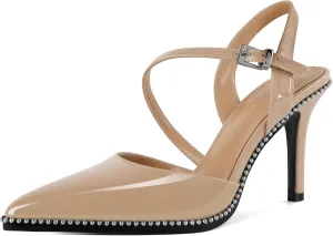Soireelady Women Slingback Heels High Heel Beaded Pumps Pointed Toe Stilettos Slip On Strappy Heels Dress Pumps Shoes 3.5 Inch