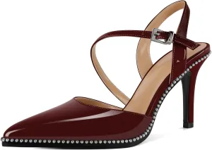 Soireelady Women Slingback Heels High Heel Beaded Pumps Pointed Toe Stilettos Slip On Strappy Heels Dress Pumps Shoes 3.5 Inch