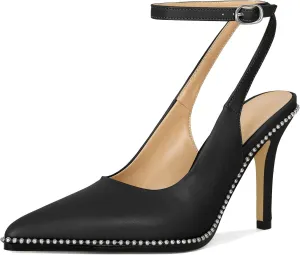 Soireelady Women Slingback High Heel Beaded Pumps Pointed Toe Stilettos Slip On Strappy Heels Ankle Strap Dress Pumps Shoes 3.5 Inches