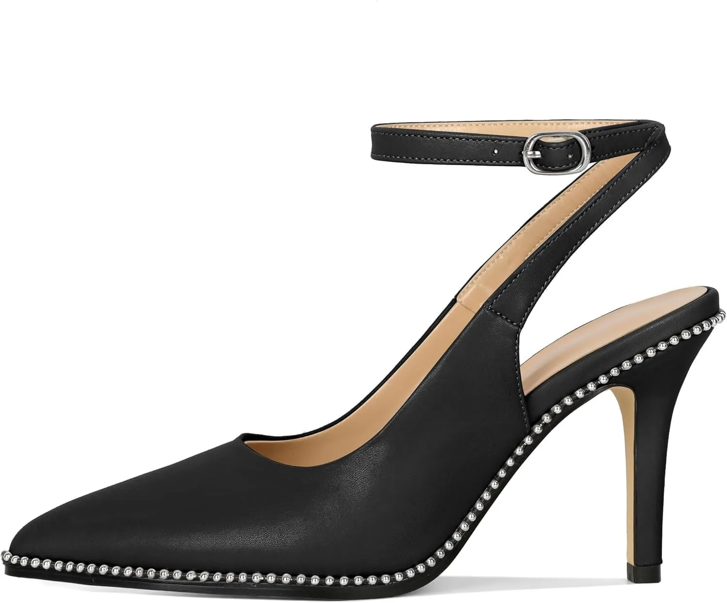 Soireelady Women Slingback High Heel Beaded Pumps Pointed Toe Stilettos Slip On Strappy Heels Ankle Strap Dress Pumps Shoes 3.5 Inches