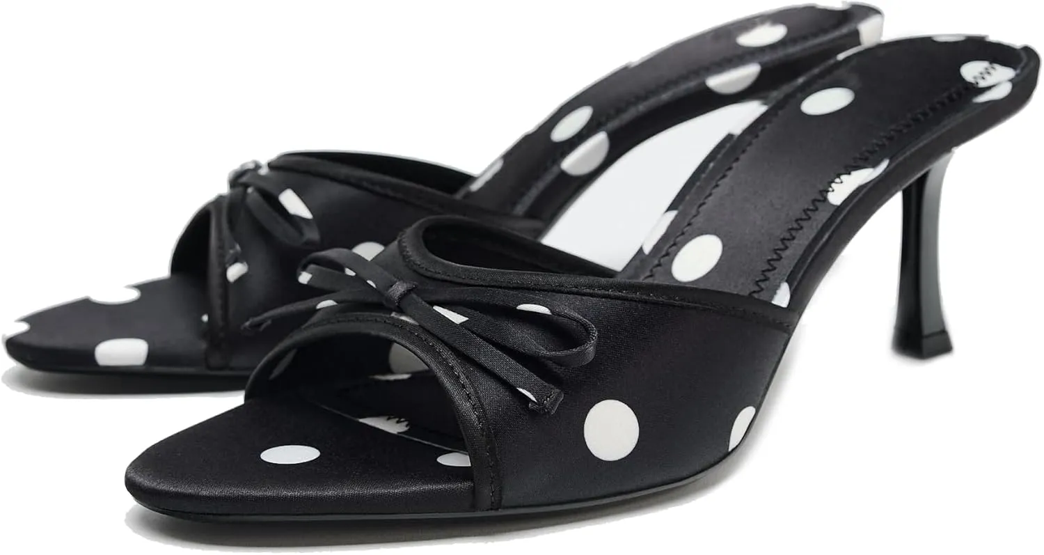 Summer Mule Sandals for Women Vintage Polka Dot Heeled Sandals with Bow Open Round Toe Stiletto High Heels Party Dress Slide-Sandals