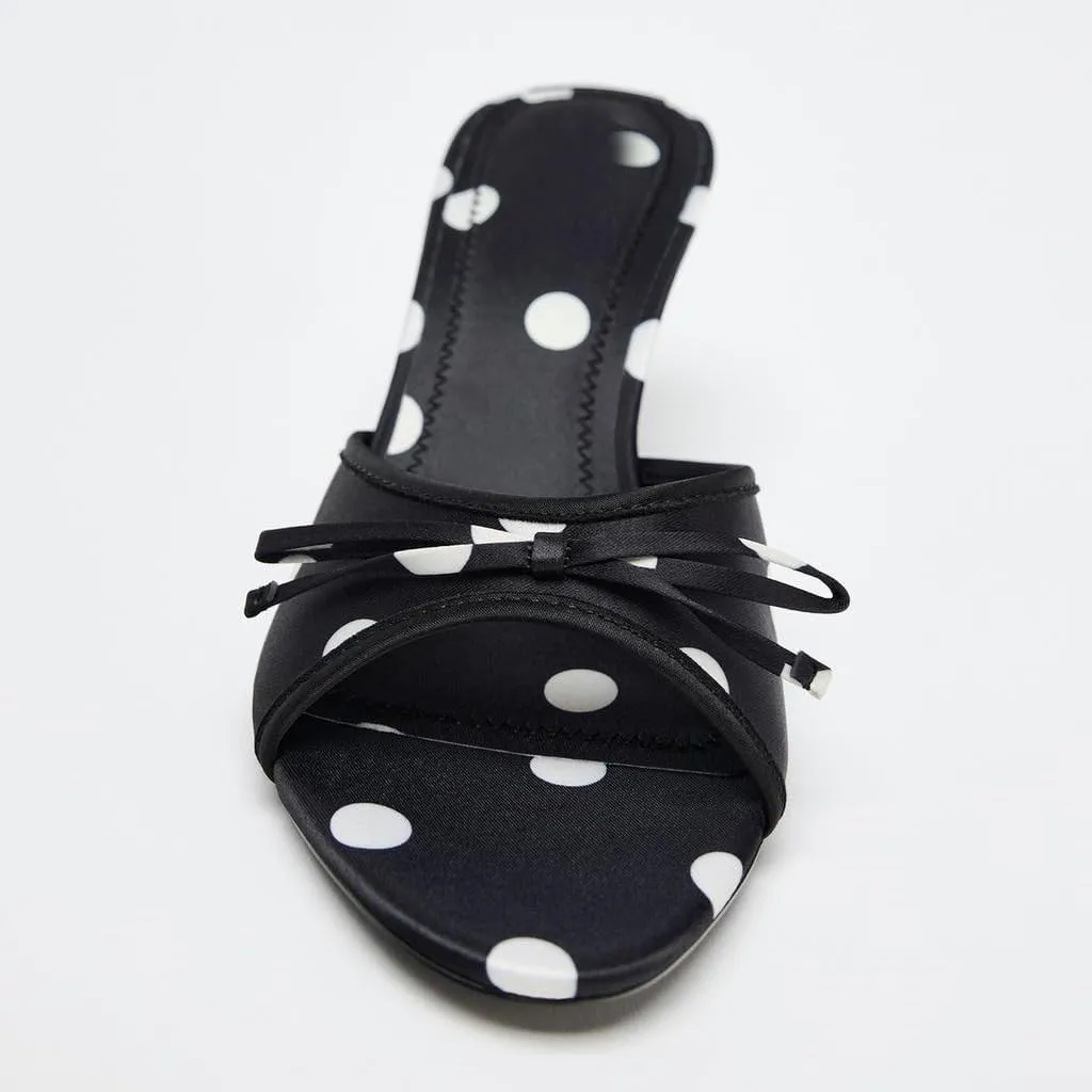 Summer Mule Sandals for Women Vintage Polka Dot Heeled Sandals with Bow Open Round Toe Stiletto High Heels Party Dress Slide-Sandals
