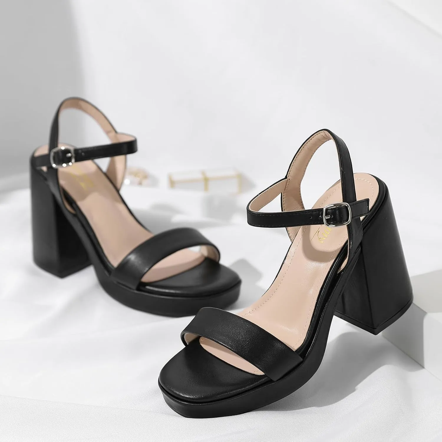 Susanny Heels for Women Platform Chunky High Heels Square toe Sexy Block Heeled Sandals Wedding Party Evening Prom Dance Ankle Strappy Dressy Pump Shoes