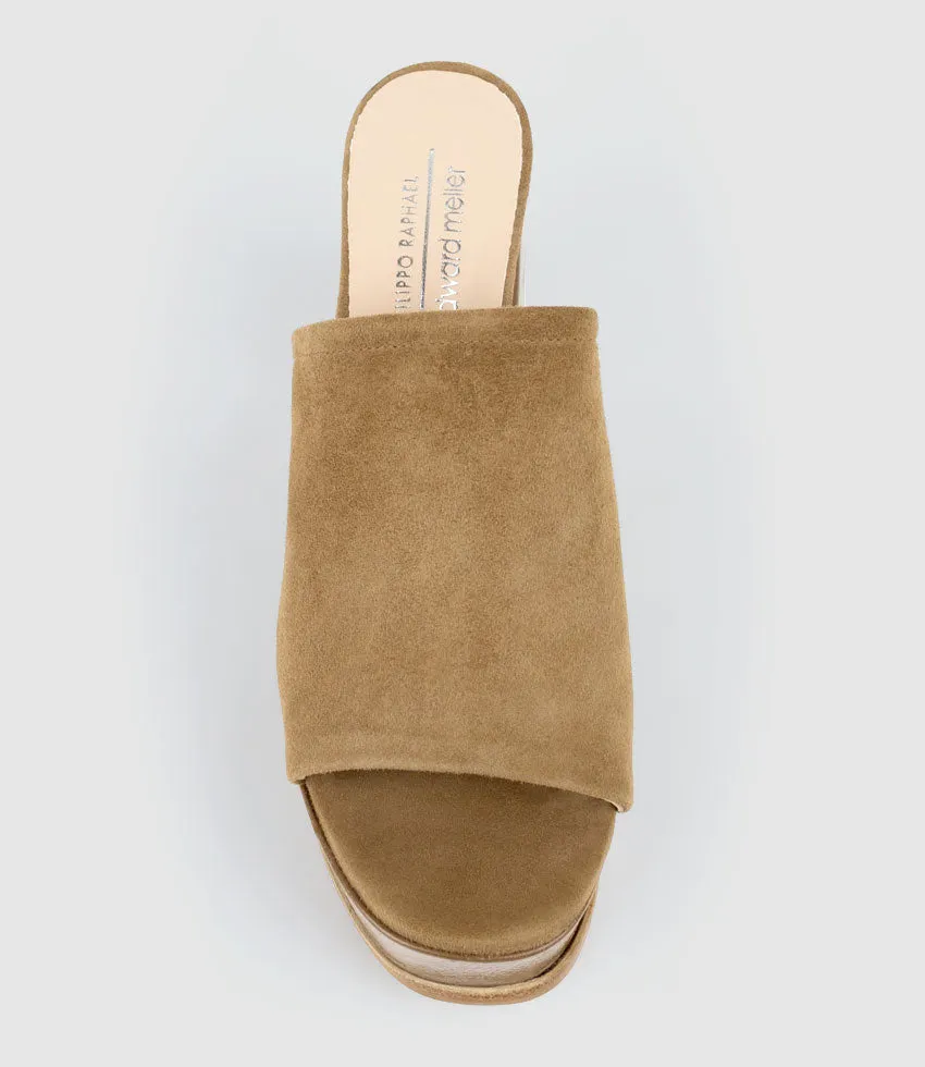 TALIN90 Platform Combo Slide in Tan Suede