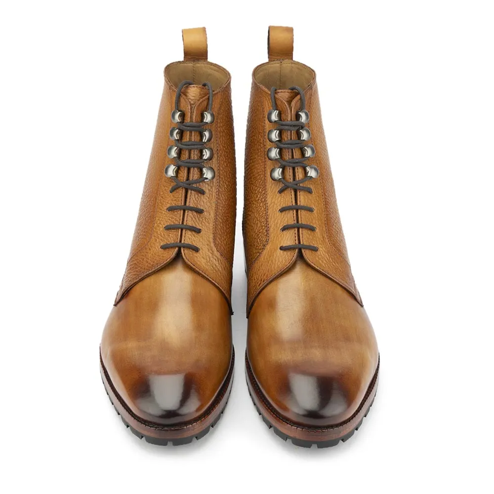 Tan Mirror Glossed Derby Boots with Grain Leather Detail