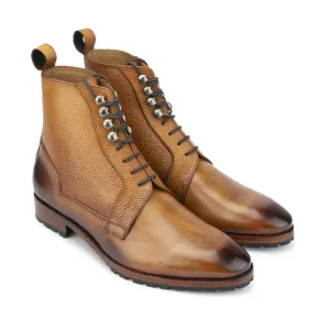 Tan Mirror Glossed Derby Boots with Grain Leather Detail