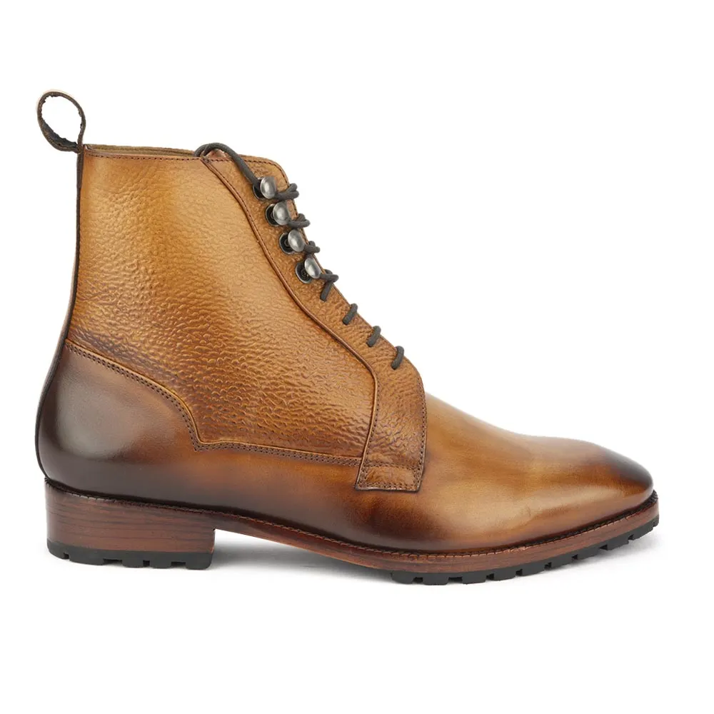 Tan Mirror Glossed Derby Boots with Grain Leather Detail