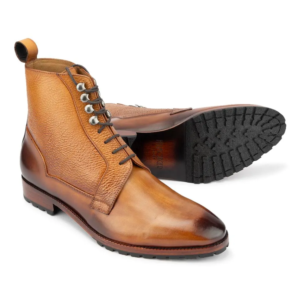 Tan Mirror Glossed Derby Boots with Grain Leather Detail