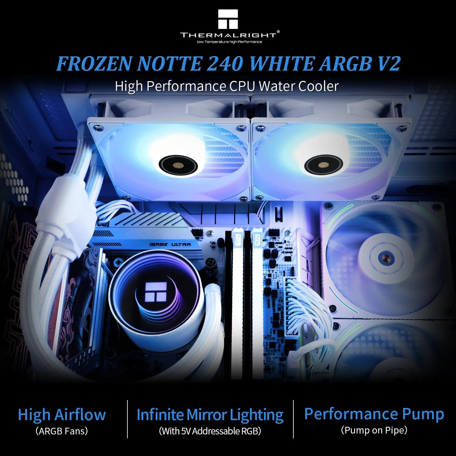 Thermalright Frozen Notte 240 WHITE ARGB V2 Water Cooling CPU Cooler, 240 White CPU Cooler Specifications, Double PWM Fans, S-FDB Bearings, Suitable for AMD/AM4 AM5, Intel LGA 1700/1150/1151/1200/2011
