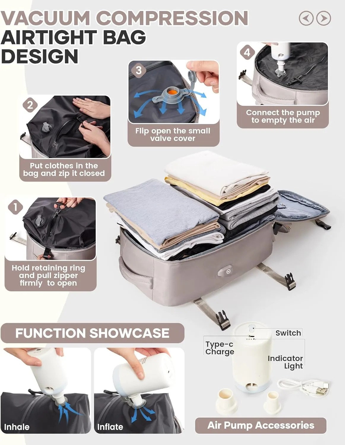Vacuum Backpack Travel With Pump,Airback Personal Item Travel Bag,Waterproof Seal Compression bags, Carry on Flight Approved Backpack Milk Curry (With Air Pump)