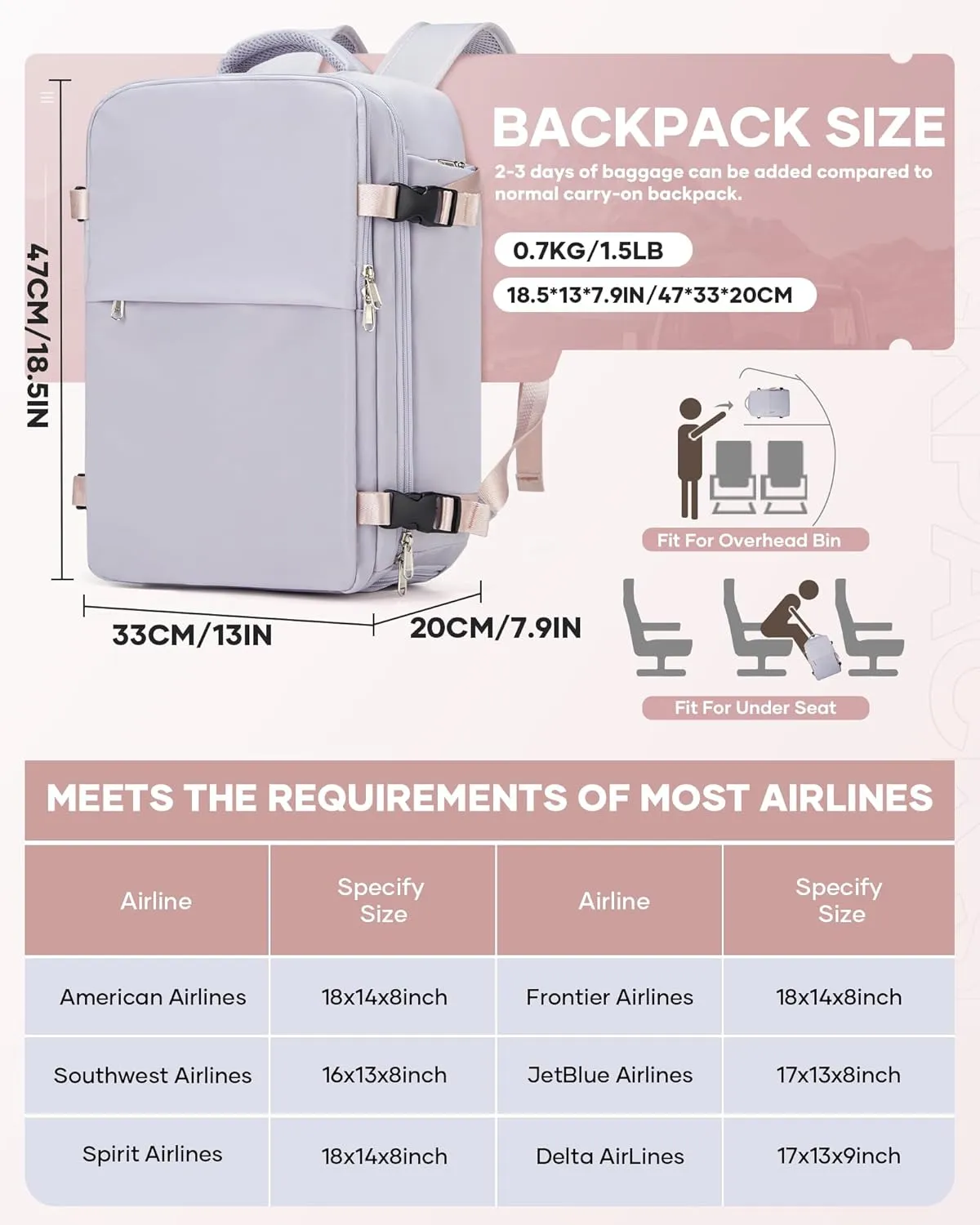 Vacuum Backpack Travel with Pump,Compression Vacpack Backpack With Shoe Compartment, 18.5x13x7.9IN Personal Item Travel Bag,Airline Approved Carry on Luggage(Light Purple)