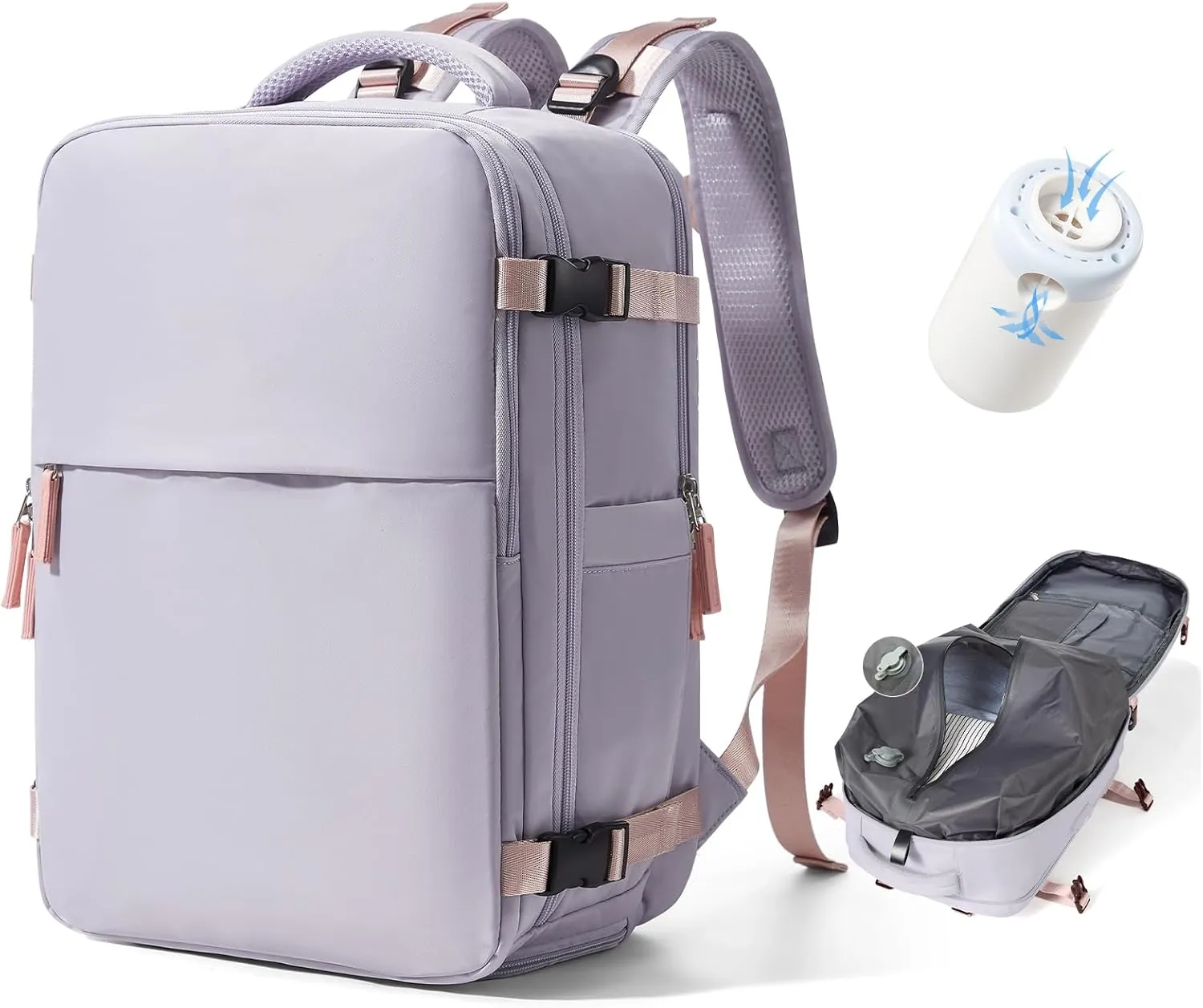 Vacuum Backpack Travel with Pump,Compression Vacpack Backpack With Shoe Compartment, 18.5x13x7.9IN Personal Item Travel Bag,Airline Approved Carry on Luggage(Light Purple)