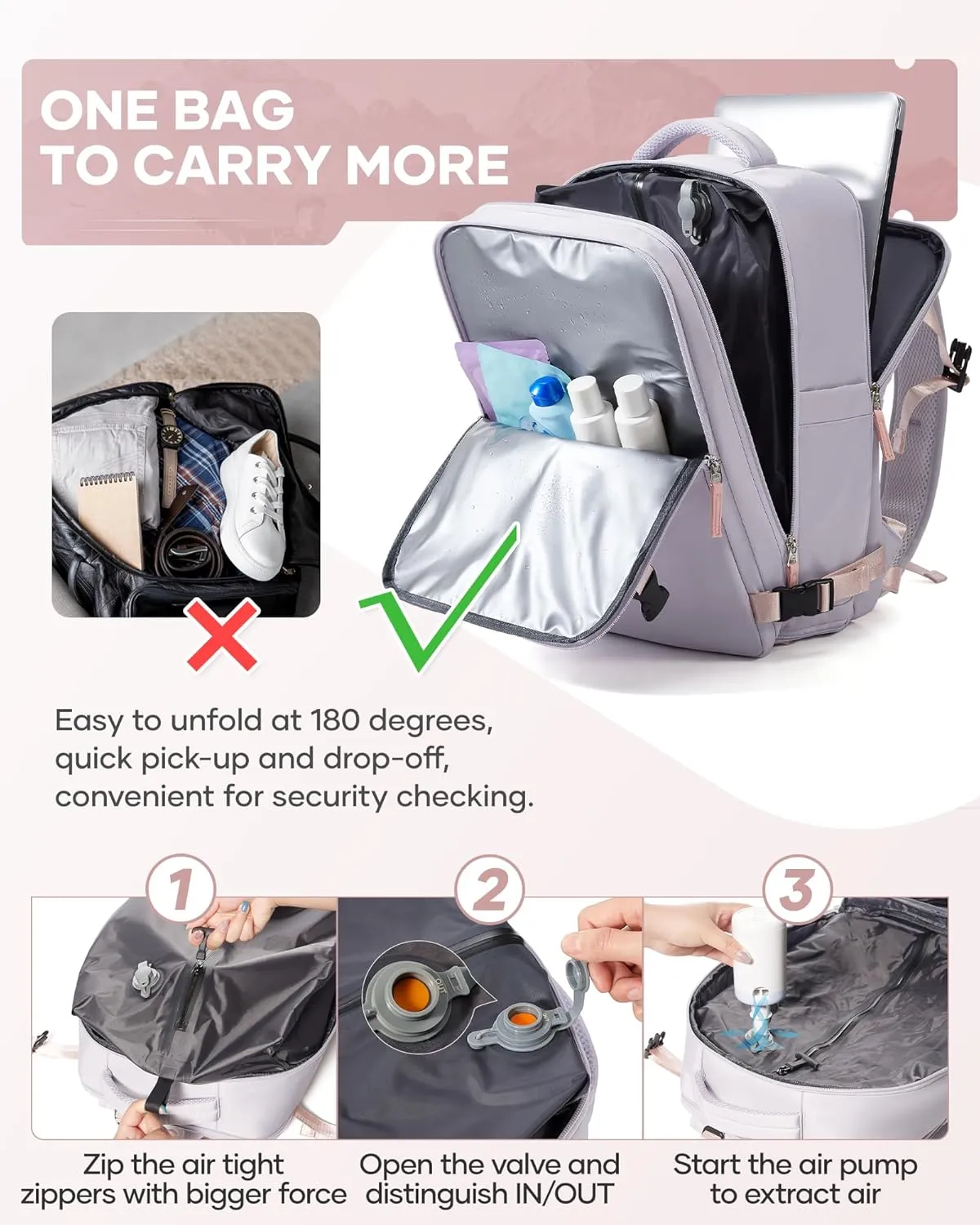 Vacuum Backpack Travel with Pump,Compression Vacpack Backpack With Shoe Compartment, 18.5x13x7.9IN Personal Item Travel Bag,Airline Approved Carry on Luggage(Light Purple)