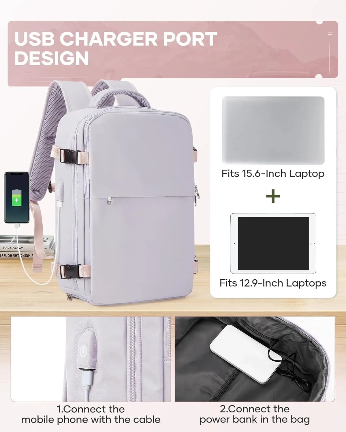 Vacuum Backpack Travel with Pump,Compression Vacpack Backpack With Shoe Compartment, 18.5x13x7.9IN Personal Item Travel Bag,Airline Approved Carry on Luggage(Light Purple)