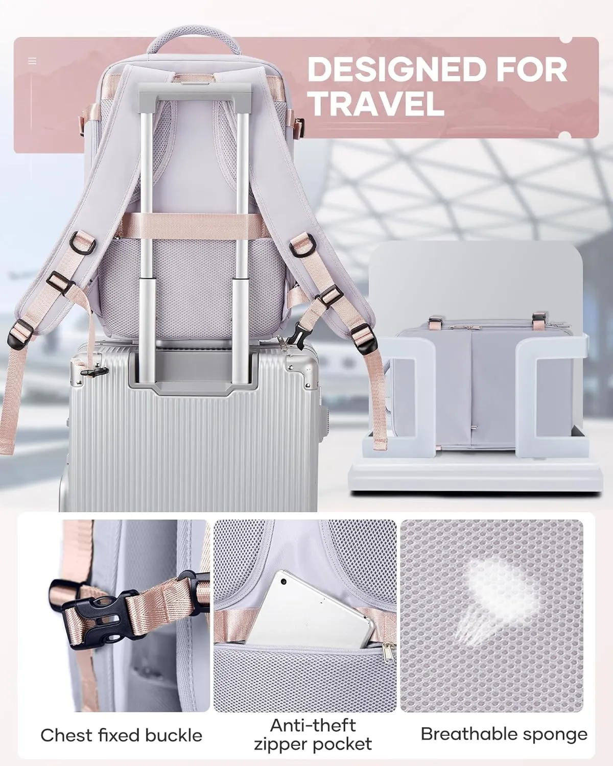 Vacuum Backpack Travel with Pump,Compression Vacpack Backpack With Shoe Compartment, 18.5x13x7.9IN Personal Item Travel Bag,Airline Approved Carry on Luggage(Light Purple)
