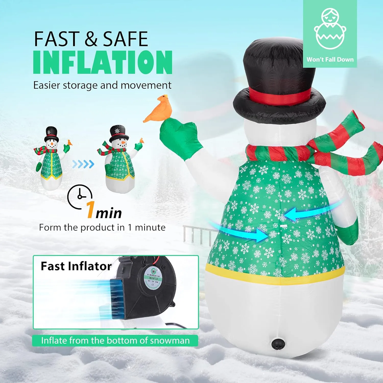 VIVOHOME 6FT Christmas Inflatable Outdoor Decoration, Snowman in Vest, Navidad Blow Up Yard Decor with Built-in LED Light for Lawn, Garden, Party