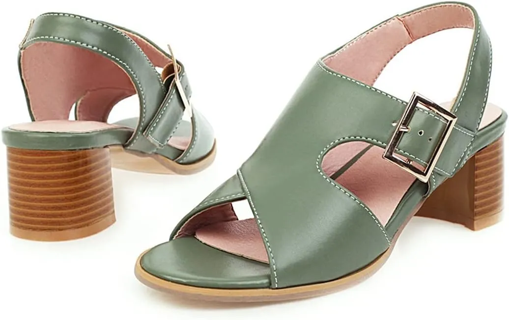 VOKLIN MISTU Women's Fashion Buckle Stacked Block Mid Heels Sandals Open Toe Slingback Pumps Dressy Heeled Sandal