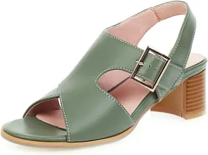 VOKLIN MISTU Women's Fashion Buckle Stacked Block Mid Heels Sandals Open Toe Slingback Pumps Dressy Heeled Sandal