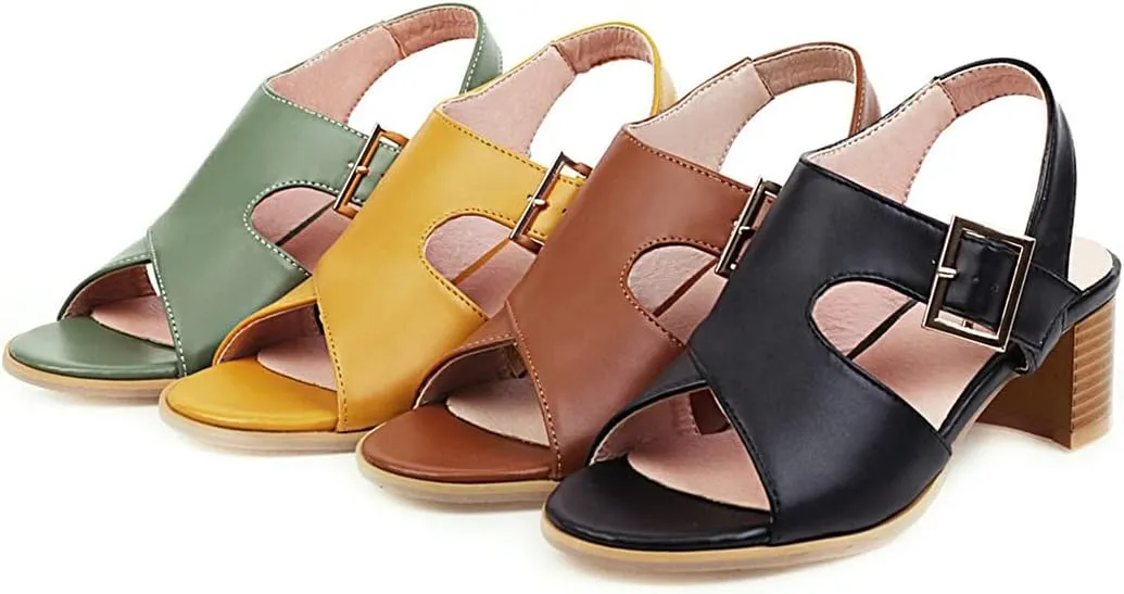 VOKLIN MISTU Women's Fashion Buckle Stacked Block Mid Heels Sandals Open Toe Slingback Pumps Dressy Heeled Sandal