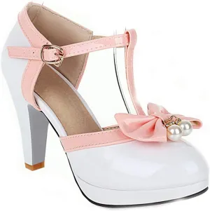 VOKLIN Women's Ladies Bow T-Strap Mary Jane Pumps Round Toe Platform Ankle Strap High Heel Dress Pump Shoes