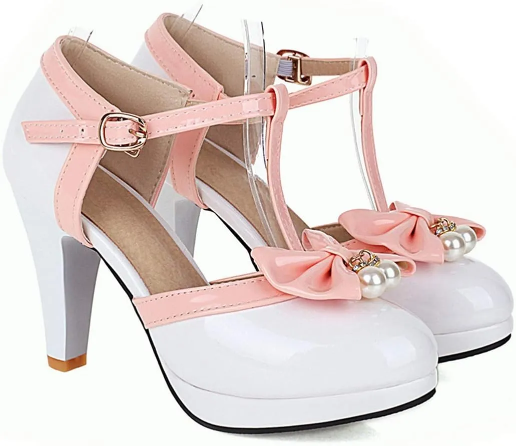 VOKLIN Women's Ladies Bow T-Strap Mary Jane Pumps Round Toe Platform Ankle Strap High Heel Dress Pump Shoes