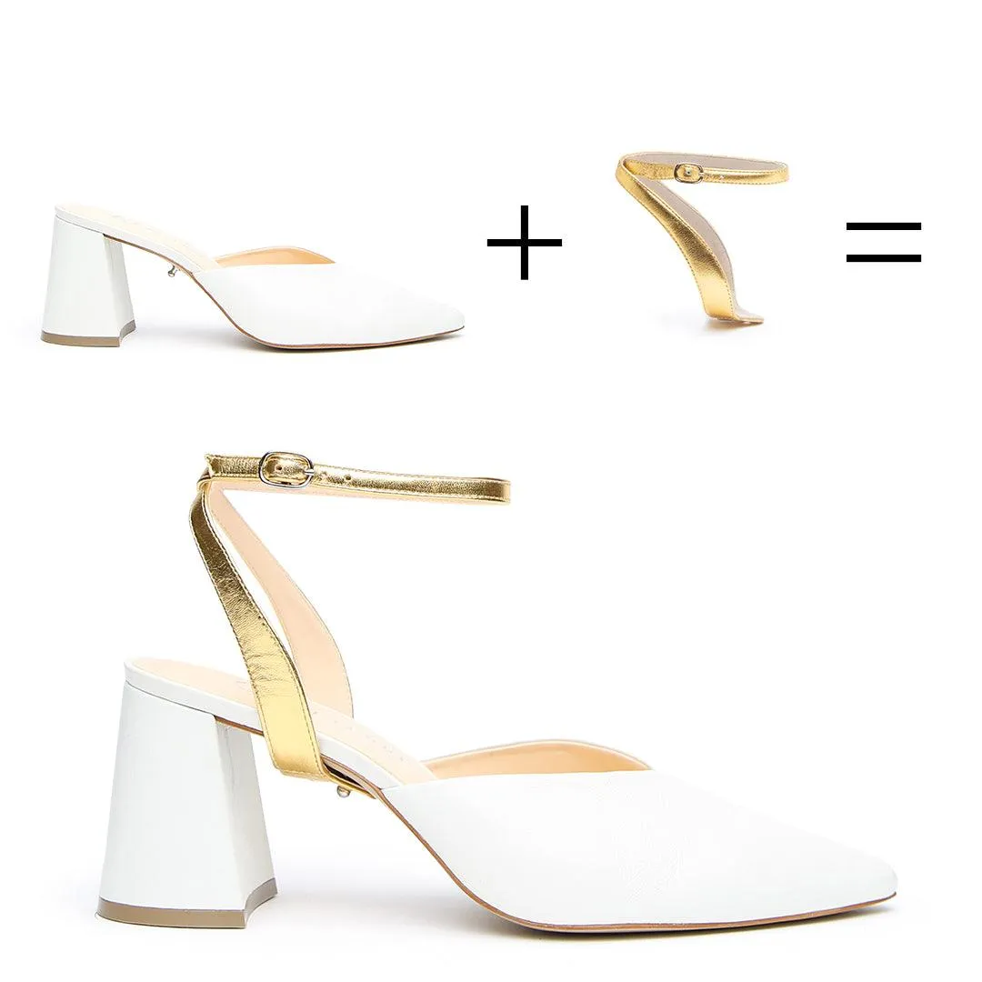 White V Mule   Gold Marilyn Strap